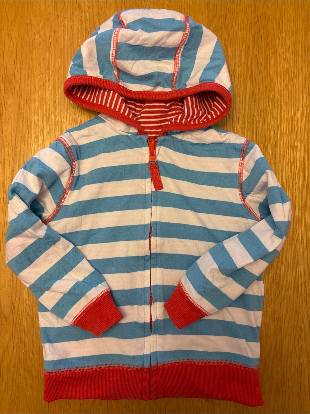 Fully Reversible Blue & White Striped Hoodie Jacket with Red Trim size 12-18 mth